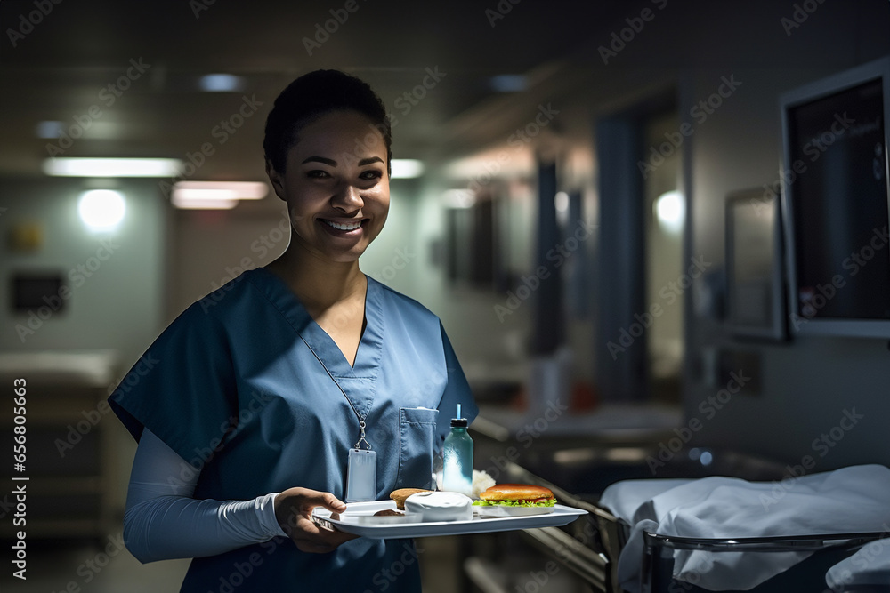 African American middle-aged nurse bringing a dinner to a patient, a nurse walking through a dark corridor.