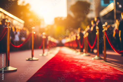 Close up shot of long glamorous red carpet ready for an event with celebrities, famous walk on red carpet