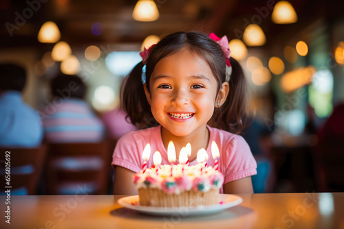 Beautiful young girl celebrating her birthday with birthday cake with candles while smiling at the camera  child birthday celebration