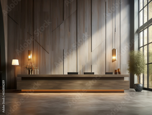 Interior of luxury hotel reception hall with wooden walls, concrete floor and long wooden countertops. Generative AI