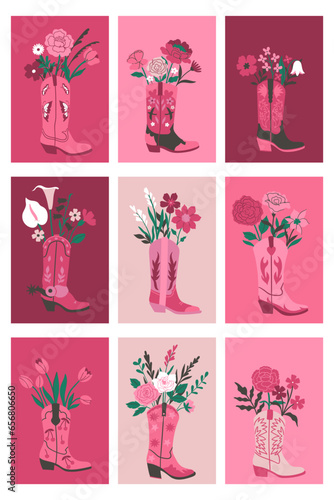 Set of cards or posters with bouquets of flowers in cowboy boots. Vector graphics.