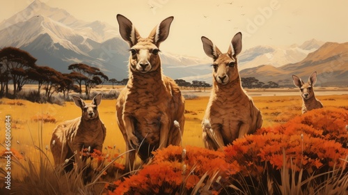 A group of kangaroos bounding across an open field with their joeys tucked safely in their pouches photo
