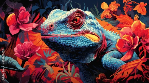 A vibrant chameleon blending seamlessly into its tropical rainforest habitat photo