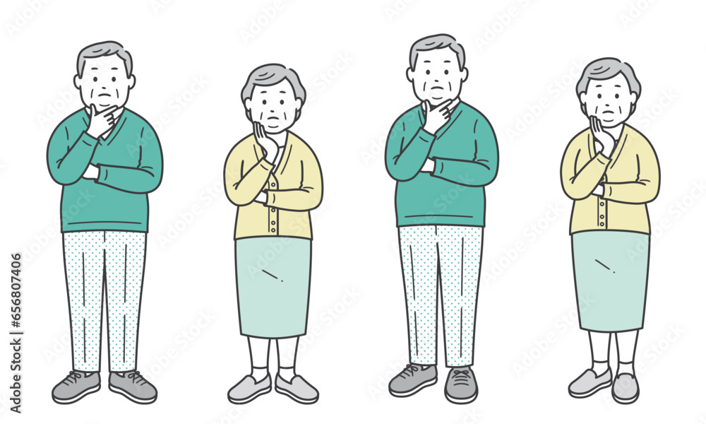 顔に手を当てて悩む高齢者小太り男女