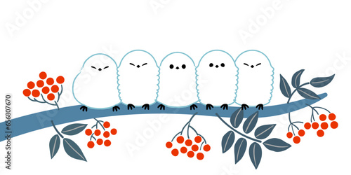 ナナカマドの木に留まるシマエナガたちのイラスト
