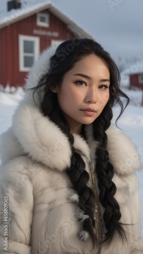 Willow Allen: Inuit Supermodel in Haute Couture amidst Inuvik's Snowy Landscape photo