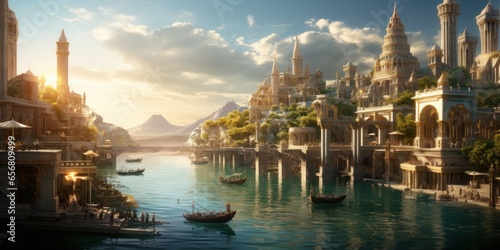 illustration of an ancient Tartarian city rising from below the ocean's surface, generative AI