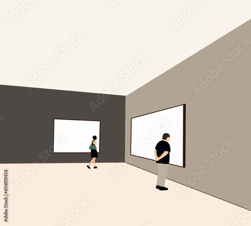 People walking and looking blank white wall mockup in modern gallery. Display artwork presentation in museum with contemporary art exhibitions.