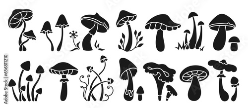 Mushrooms stylizes seal ink stamp set. Mystical boho magic poisonous and edible mushrooms paint press. Poisonous psychedelic fungus printing drawing shape. Silhouette vector collection