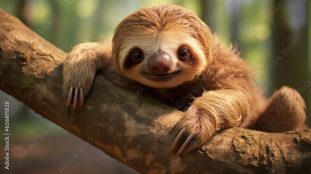 Naklejka premium Adorable sloth hanging from a tree branch