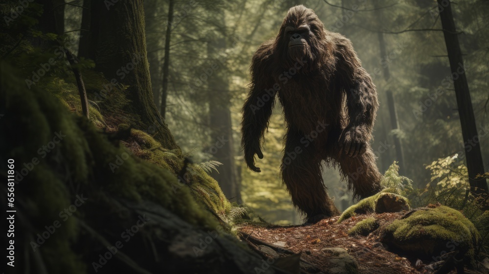 photograph of sasquatch (Bigfoot) wandering in the woods - obrazy, fototapety, plakaty 