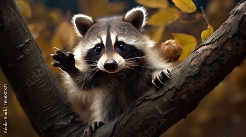 Adorable raccoon hanging from a tree branch