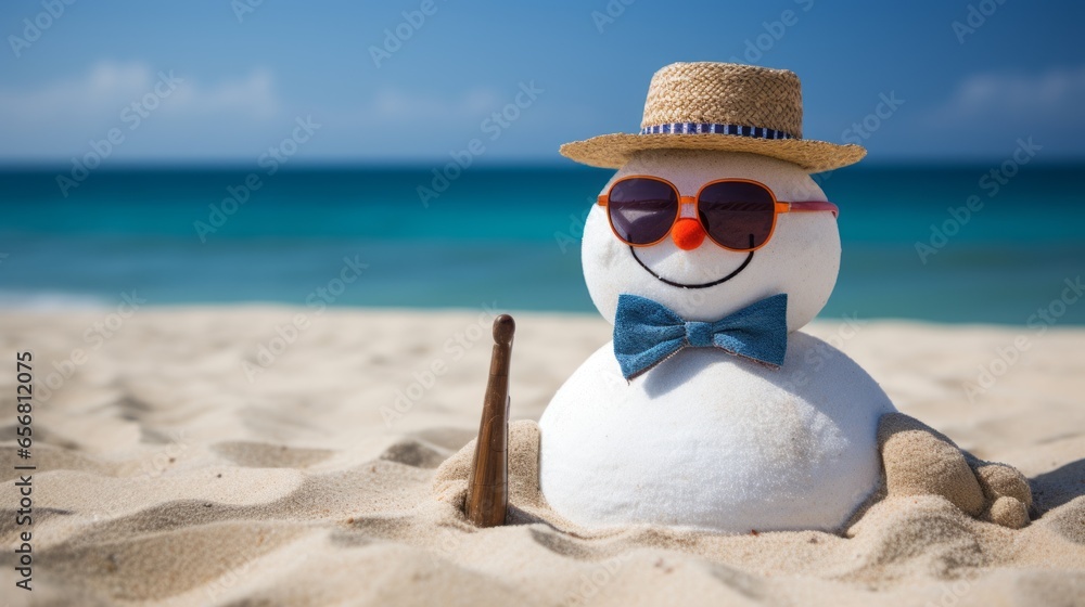 Snowman on the beach - obrazy, fototapety, plakaty 