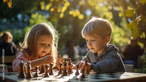 Two kids playing a game of chess in the park 