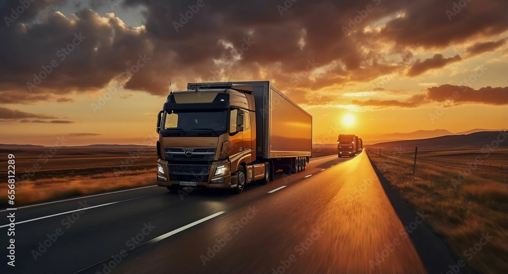 Overtaking trucks on an asphalt road in a rural landscape at sunset
 