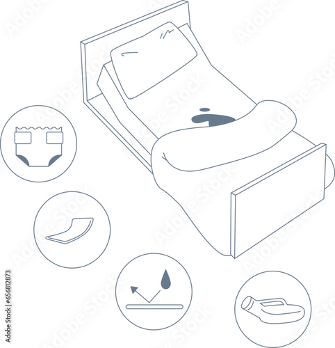 Urine soiled nursing bed. Measures against incontinence. Those are diapers, urine pads, tarps, and urine bottles.