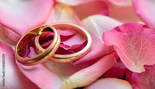 wedding rings and roses, beauty of pink rose petals surrounding two intertwined golden wedding rings,