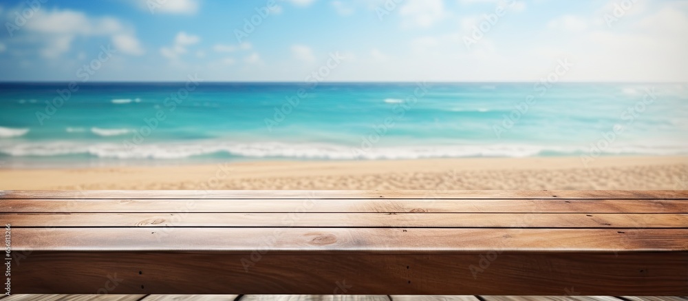 Editable wooden picnic table on beach background for showcasing summer products or travel advertisements