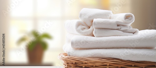 Neat towels in laundry room basket Space for text