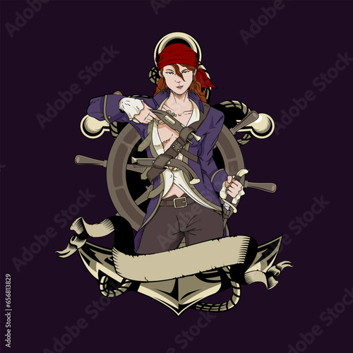 Female Pirate ready to draw her pistol and sword