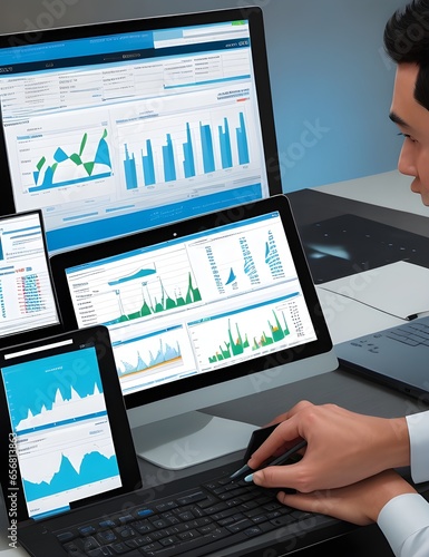 Analyst Works on Personal Computer Showing business analytics dashboard with charts, metrics and KPI to analyze performance and create insight reports for operations management. Data analysis concept.