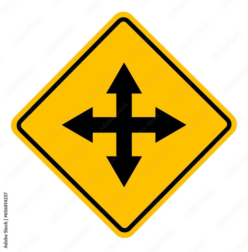 Four-way arrows intersection ahead yellow diamond sign road vector Four-way arrows intersection ahead yellow diamond sign road vector