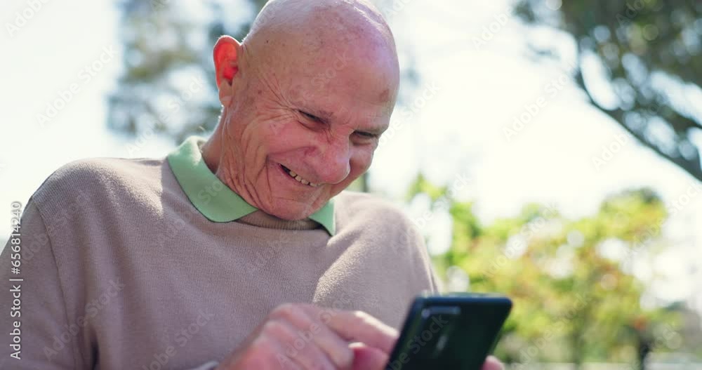 Happy, senior man and phone outdoor in park or nature reading communication, news or meme online. Elderly, person and scroll on mobile internet with smile on face in garden or contact in retirement Happy, senior man and phone outdoor in park or nature reading communication, news or meme online. Elderly, person and scroll on mobile internet with smile on face in garden or contact in retirement
