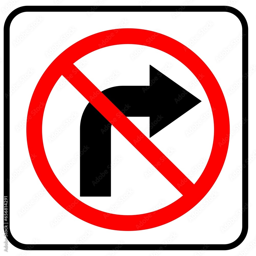 Right turn not allowed prohibited white square sign road vector Right turn not allowed prohibited white square sign road vector