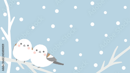 シマエナガと雪の冬のイラスト　アスペクト比16：9バージョン