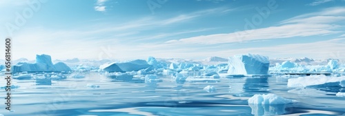 illustration of pure water surface  with clean white icebergs looming in the distance  generative AI