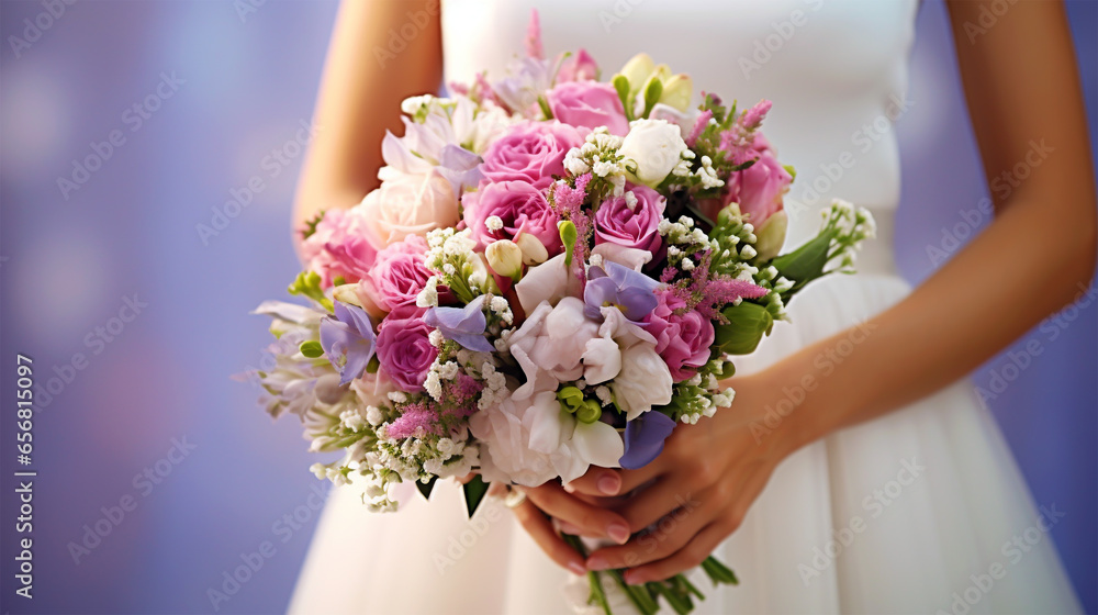 BRIDE WITH A BOUQUET OF FLOWERS. AI generated