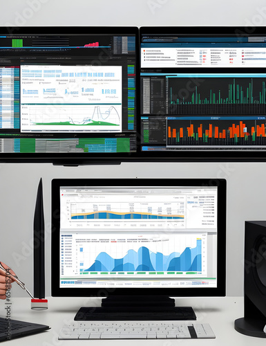 Analyst Works on Personal Computer Showing business analytics dashboard with charts, metrics and KPI to analyze performance and create insight reports for operations management. Data analysis concept.