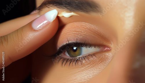 WOMAN APPLYING CREAM TO FACE AND EYELIDS . AI generated
