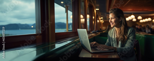 Caucasian woman working remotely on her laptop in a cruise ship, concept of living as a digital nomad and entrepreneurship photo