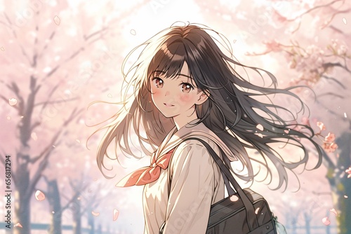 満開の桜と女子高生のイラスト