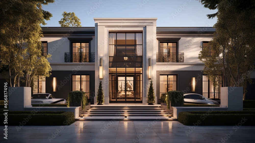 A visual celebration of a modern house that preserves and renovates a heritage facade, offering a blend of old-world charm and contemporary luxury, background image, AI generated - obrazy, fototapety, plakaty 