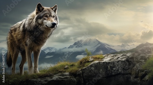 wolf in the mountains  AI generated  background image