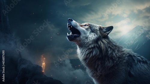 An image capturing a lone wolf in the midst of a haunting howl, with the moon as a backdrop, background image, AI generated