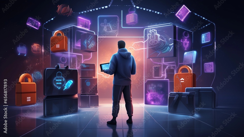 An image illustrating a person making a secure online purchase, with digital transaction icons and security padlocks, providing space for text, background image, AI generated - obrazy, fototapety, plakaty 