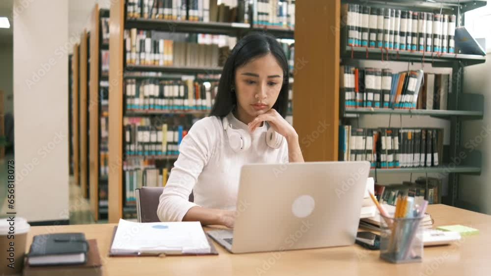 Asian undergraduate teen girl student study in library with laptop books doing online research for coursework, making notes for essay homework assignment, online education e-learning concept Asian undergraduate teen girl student study in library with laptop books doing online research for coursework, making notes for essay homework assignment, online education e-learning concept