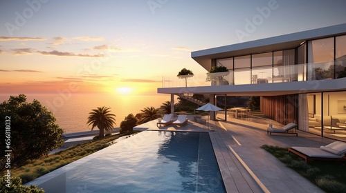 An image of a modern house designed as a seaside retreat, with panoramic ocean views, background image, AI generated © Hifzhan Graphics