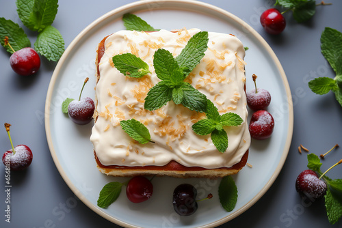 Tres Leches Cake, Traditional cake from Latin America on table photo realistic, AI generated