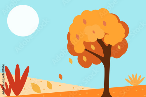 Beautiful autumn landscape with blue sky and tree, bushes and leaves. Vector illustration in flat style.