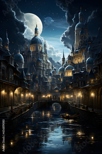 Moonlit Enchantment: Medieval City Streets at Night