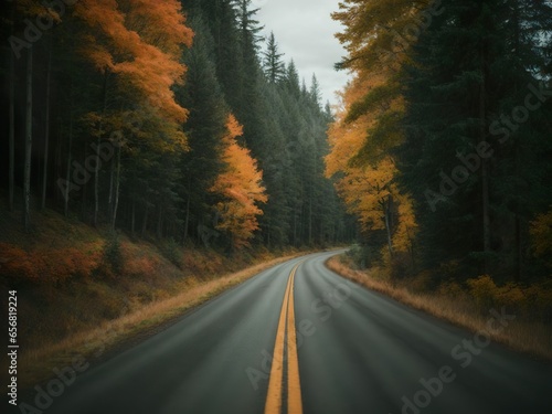 Autumn Country Road - A Moody Path Amidst the Forest Landscape with Vibrant Hues of Orange and Autumnal Green, Embarking on an Adventure through the Canadian Countryside.