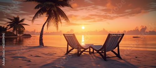 Two sun loungers on a tropical beach at sunset