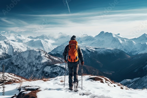 Back view of a man hiking alone in a winter mountains