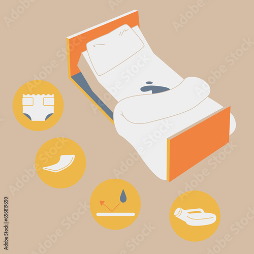Urine soiled nursing bed. Measures against incontinence. Those are diapers, urine pads, tarps, and urine bottles.