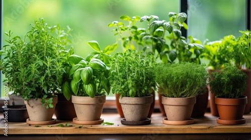 Different potted herbs on windows