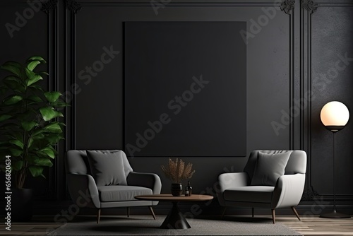 Modern dark home interior background with frame mockup